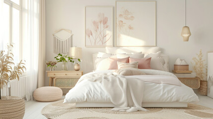 Cozy and Minimalistic White Bedroom Interior with Bed, Rug, and Wall Decorations