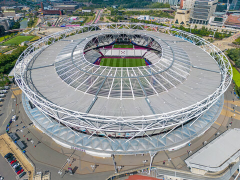 West Ham, London. United Kingdom. 08/15/2023 Aerial image of London Stadium. Also known as the Elizabeth Olympic Park Stadium now the home of West Ham Football Club.