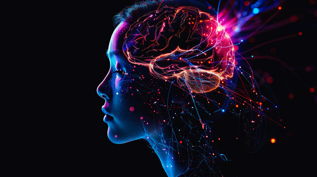 person head with futuristic scanning headset, brain waves scan, mindset and consciousness concept
