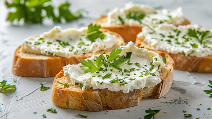 Slices of bread with cream cheese and herbs