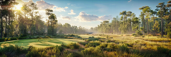 Fototapeta premium Sunlit Forest Meadow, Tranquil Morning Light Over Fresh Green Grass, Peaceful Nature Scene