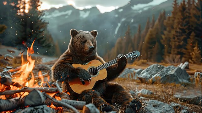 a bear with a guitar near the fire