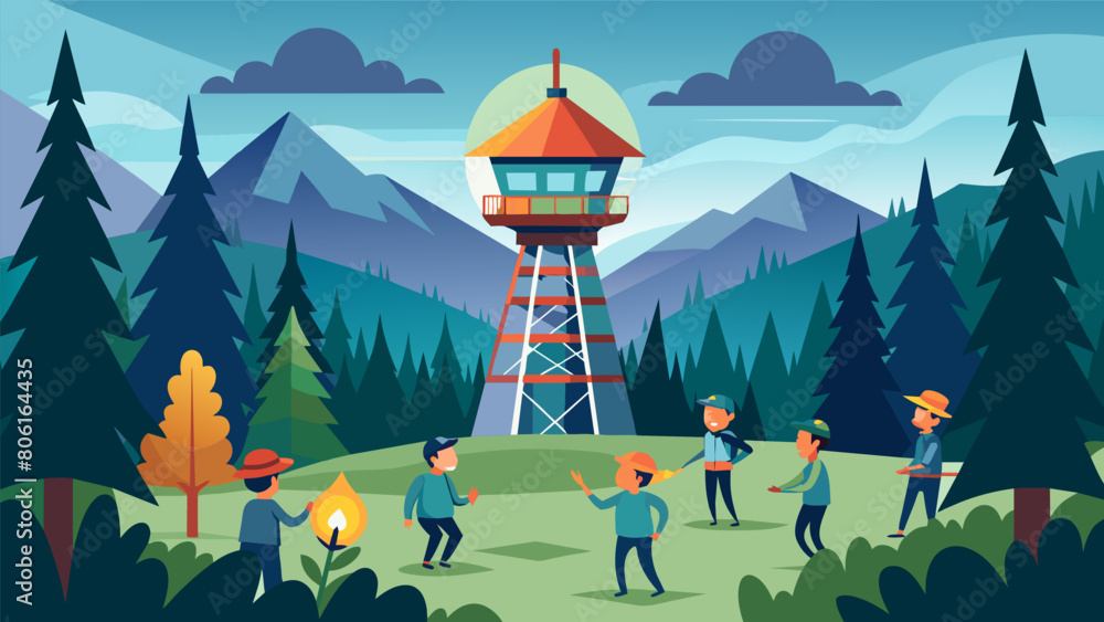 Aufkleber deep in the forest a group of explorers come across the signal tower and are immediately drawn in by
