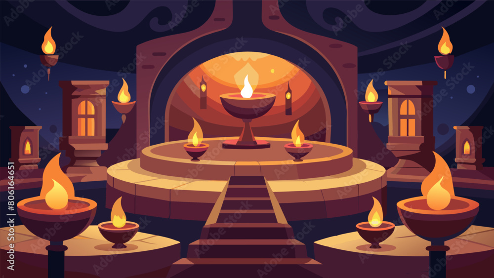 Poster the arena lit by oil lamps and candles creating a warm and inviting atmosphere for deep thinking and
