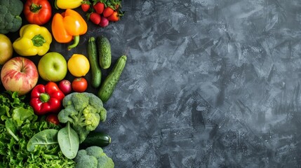 Healthy vegetables and fruits background image with copy space, against a dark grey slate background
