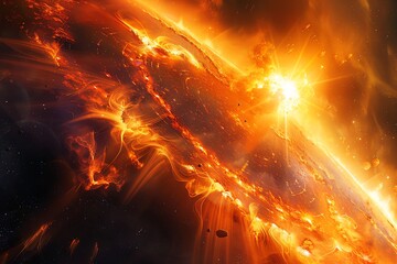 4K realistic solar storm surge, vibrant solar flares, dynamic space backdrop