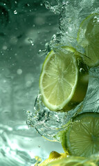 Fresh Lemon Slice Splash in Water, Close Up with Water Droplets, Refreshing Citrus Fruit in Motion Concept