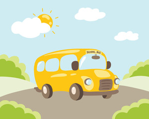 School bus illustration on grass and sky background