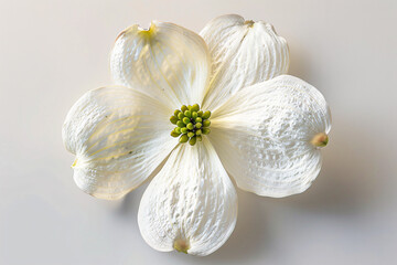 Close-up of a White Dogwood Flower with Green Center on Neutral Background