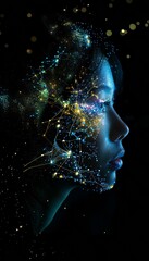 Obraz premium woman head connected to global web with wireless interface, female consciousness integrated in cyberspace, human and digital transformation concept