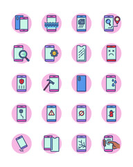 Mobile phone repair icons. Smartphone falling down, scratches on screen, dropped cell, broken tempered glass protection, water resistance. Vector icons for maintenance, service center, error concept