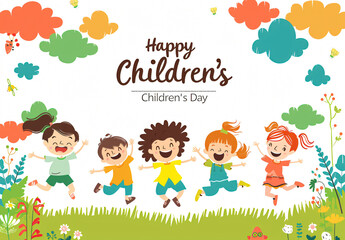 Fototapeta premium Global Celebration of Children's Day. Illustration Featuring Happy Children Enjoying Fun and Togetherness, Promoting Education and Friendship in a Colourful and Joyful Event