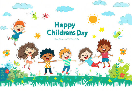 Global Celebration of Children's Day. Illustration Featuring Happy Children Enjoying Fun and Togetherness, Promoting Education and Friendship in a Colourful and Joyful Event