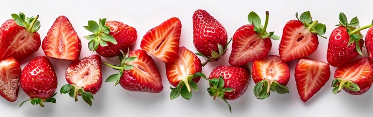 Row of Fresh Strawberries on White Background