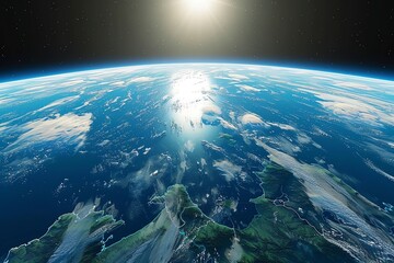 Realistic 4K panoramic view of Earth, detailed coastlines, dynamic weather