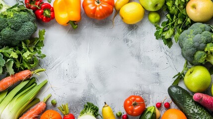 Healthy vegetables and fruits background image with copy space, against a dark grey slate background  © robfolio