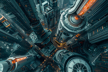 Explore a birds-eye view of a futuristic cityscape blending nanotechnology elements seamlessly Employ unexpected camera angles to showcase intricate details in a surrealist manner