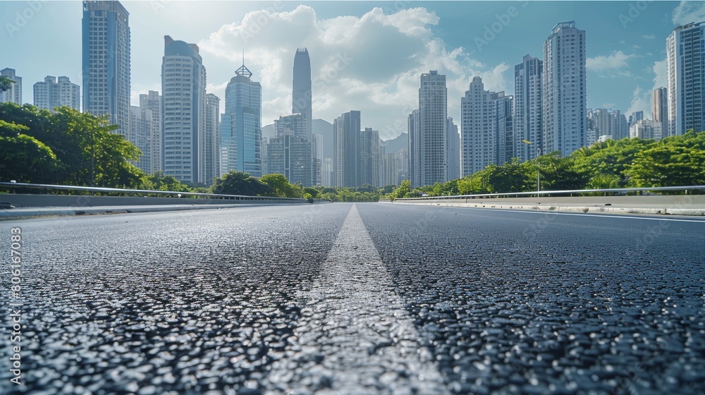 Aufkleber empty asphalt road and city skyline with modern buildings scenery.. generative ai.