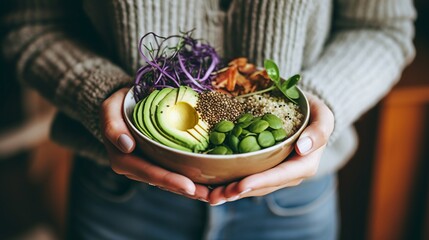 Woman holding bowl with quinoa, avocado, chickpeas and vegetables