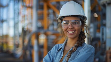 A smiling female worker wearing safety glasses and white hard hat, working at electric towers center. Generative AI.