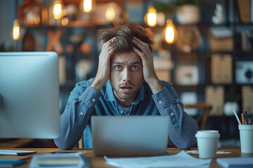Stressed man at computer desk holding head
