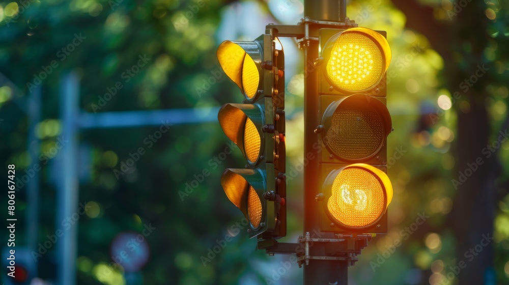 Poster a yellow traffic light glowing, warning drivers to slow down and prepare to stop as they approach an