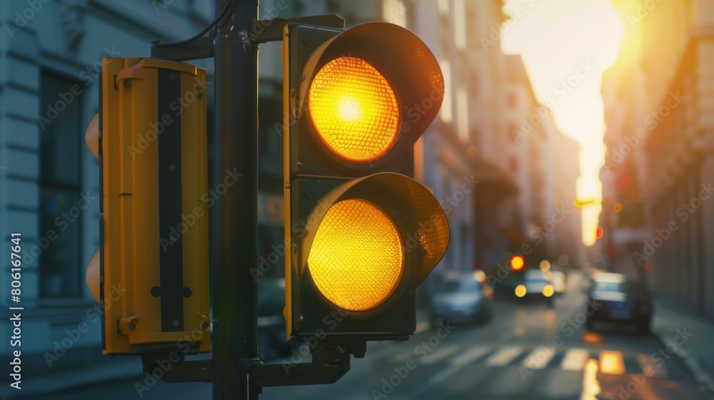 Poster a yellow traffic light glowing, warning drivers to slow down and prepare to stop as they approach an