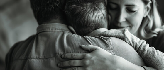 Black and white image of a loving family hug, showing a child embraced by his parents