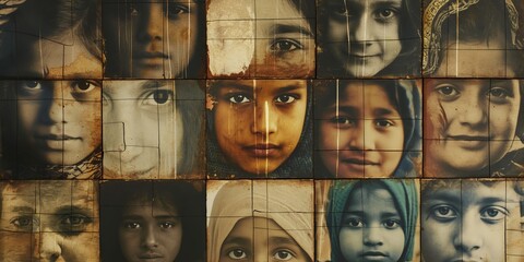 A mosaic of tiles each depicting the face of a child from different ethnic backgrounds, conveying cultural diversity
