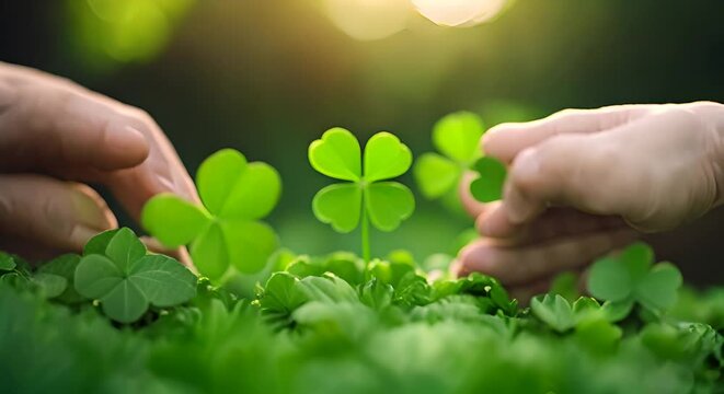 Hand picking lucky clover in the forest.