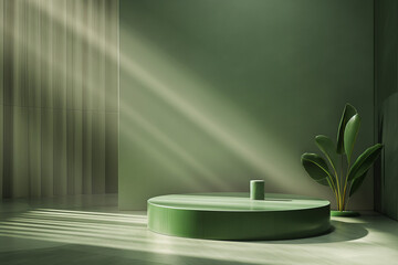 green stage wuth sunlight, At the heart of the composition, a sleek green podium rises from the floor, its smooth surface and clean lines exuding a sense of modernity and sophistication