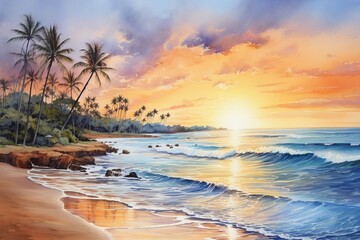 Watercolor illustration, tropical evening landscape