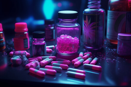 An atmospheric shot capturing the essence of illicit drugs and medicine bottles brilliantly lit with neon lights