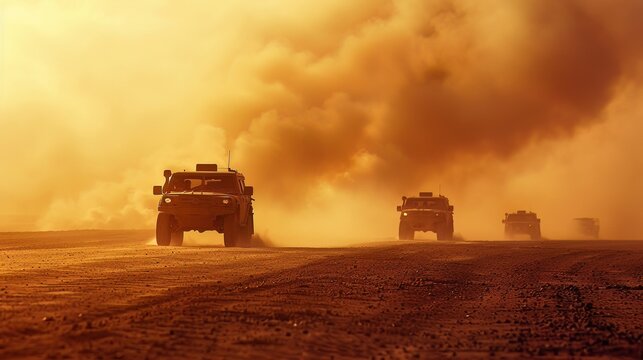 A line of military vehicles on the horizon, kicking up a storm of dust as they advance towards an unknown fate