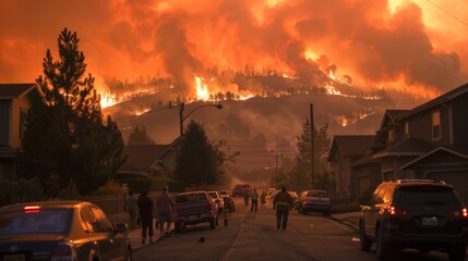 An emergency evacuation during a forest fire, with people fleeing their homes and seeking safety as flames approach residential areas.