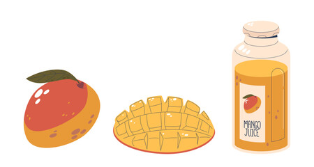 Whole Mango With A Leaf, Diced Mango Pieces, And Labeled Bottle Of Mango Juice, Captures The Fresh, Natural Essence