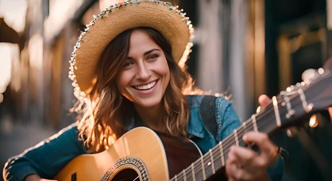 Woman in hat playing guitar.