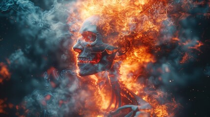 Human skull and upper spine cloaked in dynamic blue and orange flames, depicting the fusion of calm and chaos, Concept of duality