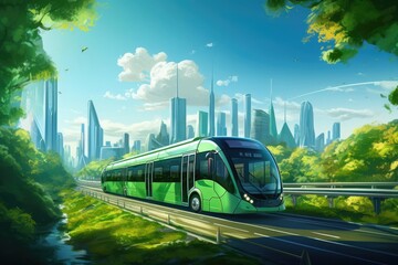 Ecofriendly public transportation system with electric buses and bikes in a modern city, promoting reduced carbon footprint, clear day, urban setting. up32K HD
