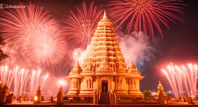 Hindu temple with fireworks.