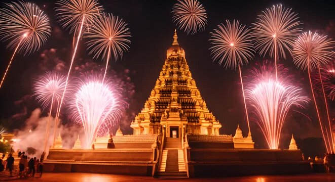 Hindu temple with fireworks.