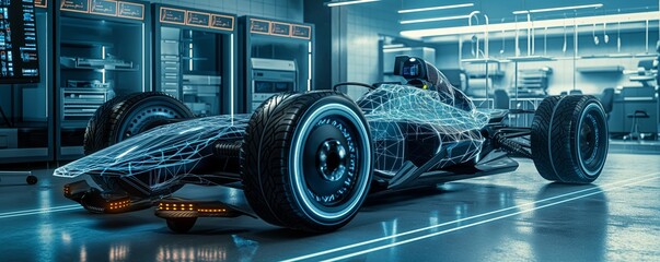 Futuristic car design in a tech facility