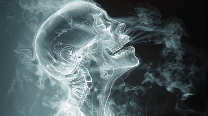 Anatomical X-ray image of a human skull with ethereal smoke patterns, representing the transient nature of thoughts and the brain's mysterious workings, concept of introspection and psychology.
