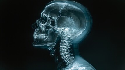 X-ray profile of a human head with neural activity visualized as lightning, symbolizing cognitive processes and the complexity of the human mind, concept of thought and mental health.