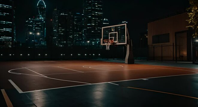 Basketball court at night.