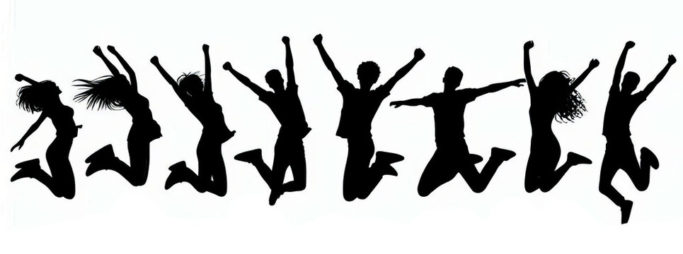 Silhouettes of a team of young people jumping together. Black and white