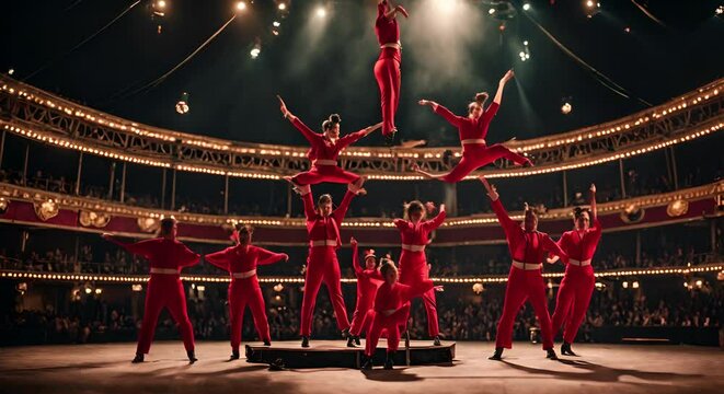 Acrobats and jugglers in a circus.