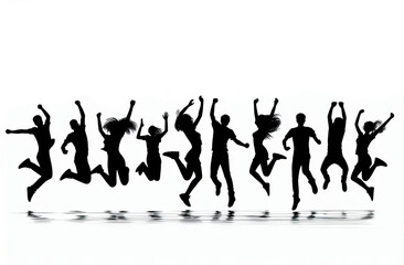 Silhouettes of a team of young people jumping together. Black and white