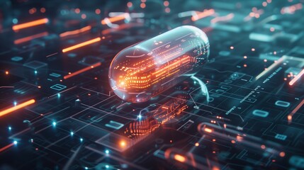 digital pill with medical data, healthcare research and pharmaceutical technology development concept