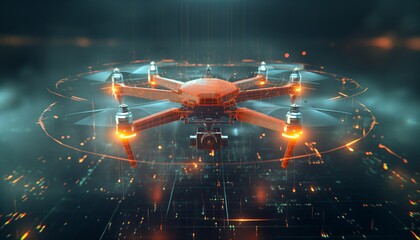 Futuristic drone with glowing orange lights - Powered by Adobe